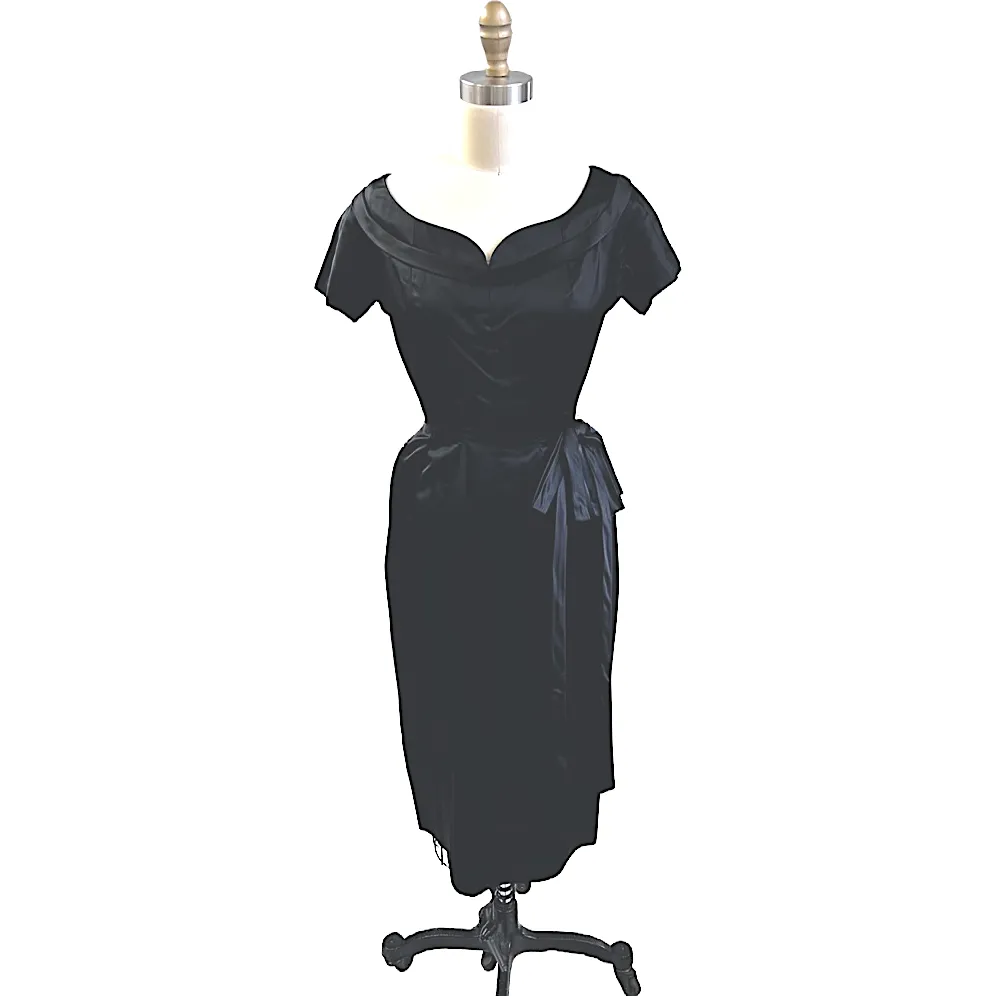 VTG GiGi Young Wiggle Dress LBD 1950s MCM Black Rayon Satin Small Cocktail Evening