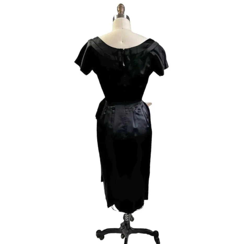 VTG GiGi Young Wiggle Dress LBD 1950s MCM Black Rayon Satin Small Cocktail Evening