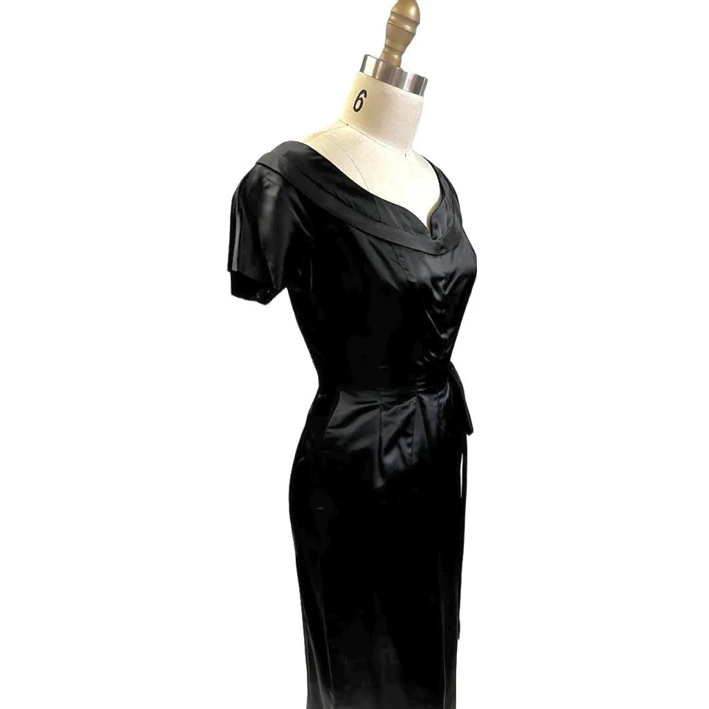 VTG GiGi Young Wiggle Dress LBD 1950s MCM Black Rayon Satin Small Cocktail Evening