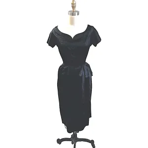 VTG GiGi Young Wiggle Dress LBD 1950s MCM Black Rayon Satin Small Cocktail Evening