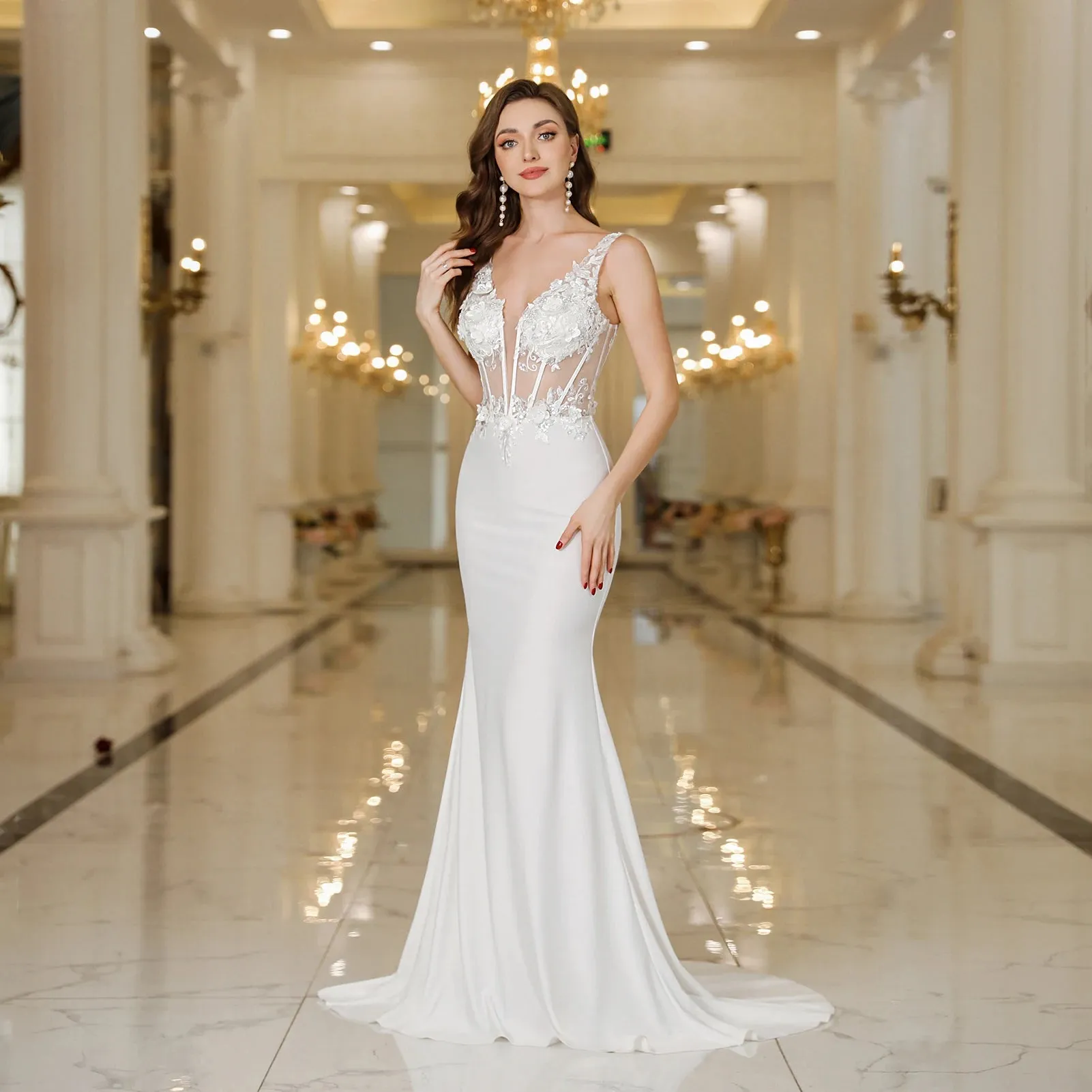 Wedding Dress Lace Backless V Neck Sleeveless Wedding Formal Party Gowns