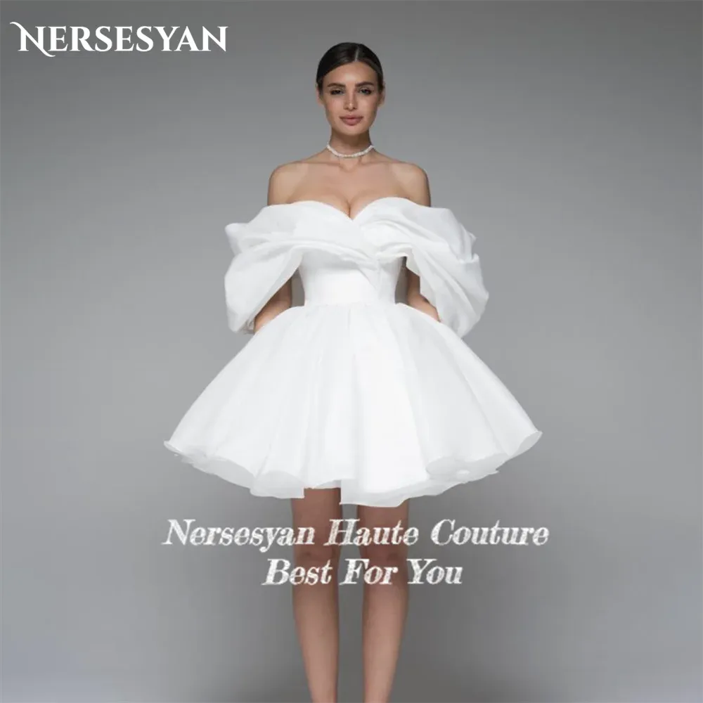 Wedding Dresses A-Line Backless Ruched Off Shoulder Bridal Gowns Short Sleeves