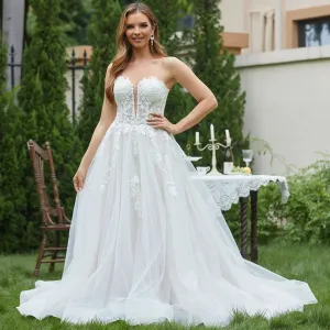 Wedding Dresses for Women Sleeveless Deep V-Neck Sparkly Bridal Gowns