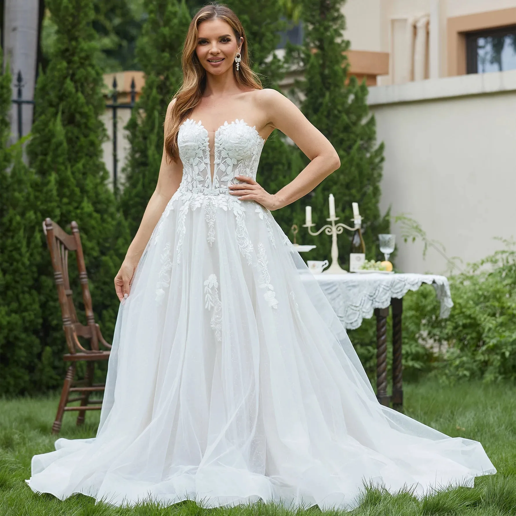 Wedding Dresses for Women Sleeveless Deep V-Neck Sparkly Bridal Gowns