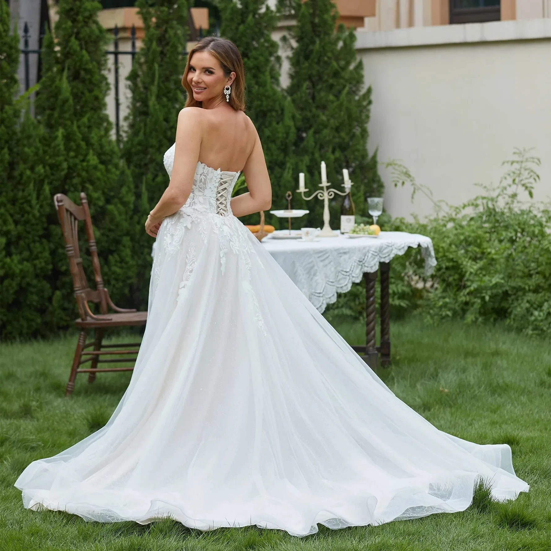 Wedding Dresses for Women Sleeveless Deep V-Neck Sparkly Bridal Gowns