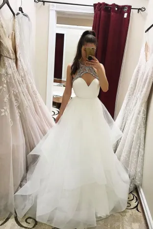 White high low tulle beads long prom dress white evening dress