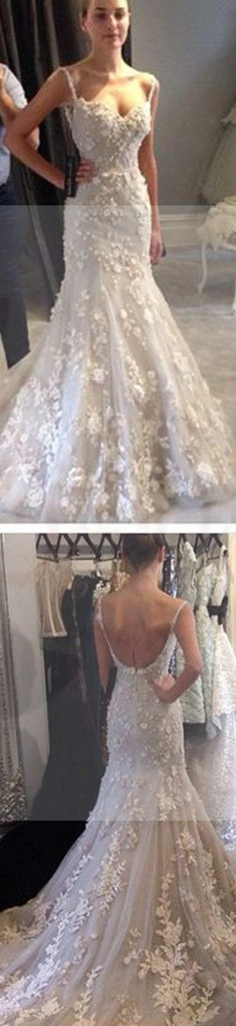 White Lace Mermaid Backless Charming Wedding Dresses, WD0129