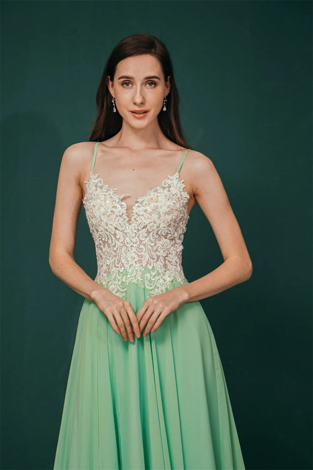 White Lace SPAGHETTI STRAPS High Split Mint green Evening Dress