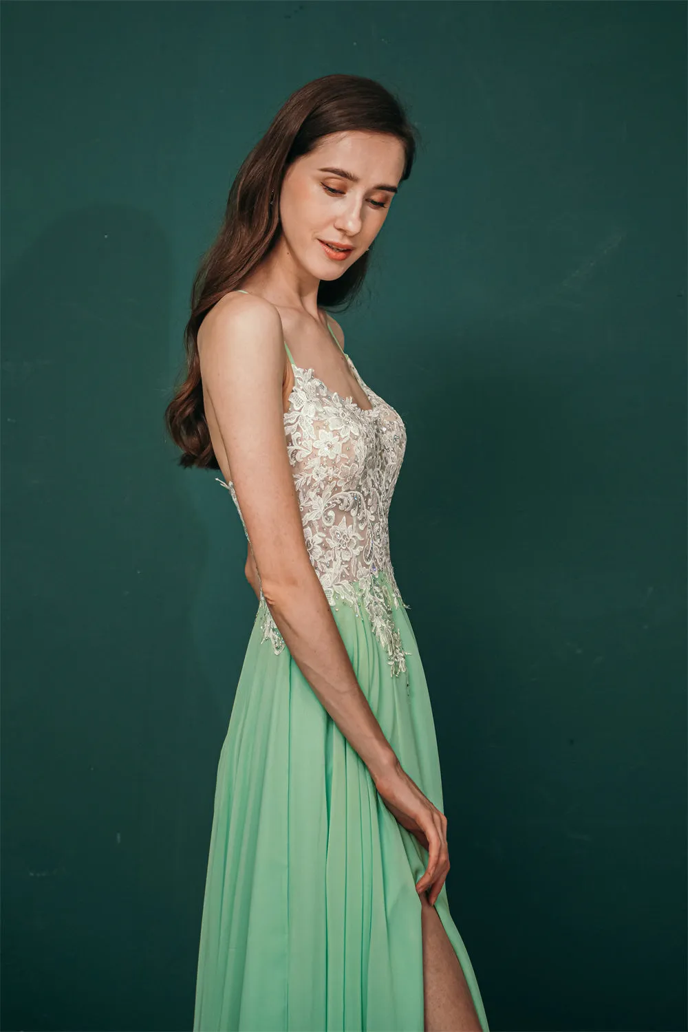 White Lace SPAGHETTI STRAPS High Split Mint green Evening Dress
