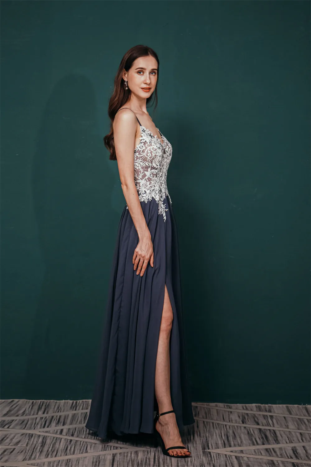 White Lace SPAGHETTI STRAPS High Split Mint green Evening Dress