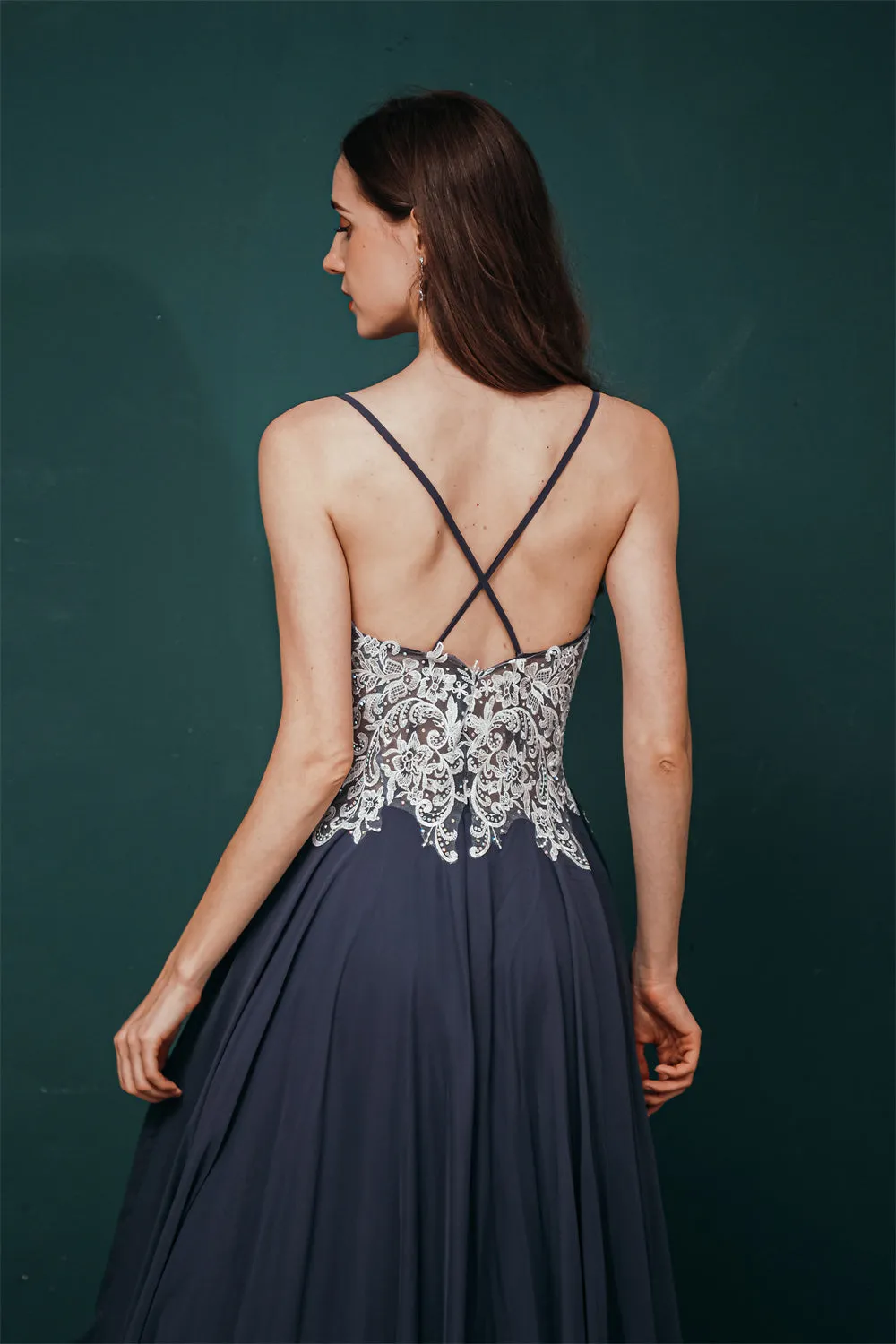 White Lace SPAGHETTI STRAPS High Split Mint green Evening Dress