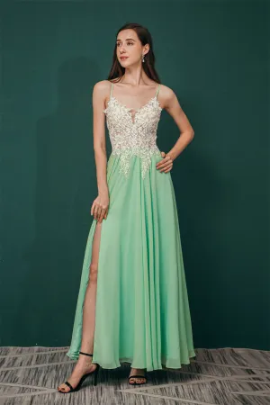 White Lace SPAGHETTI STRAPS High Split Mint green Evening Dress