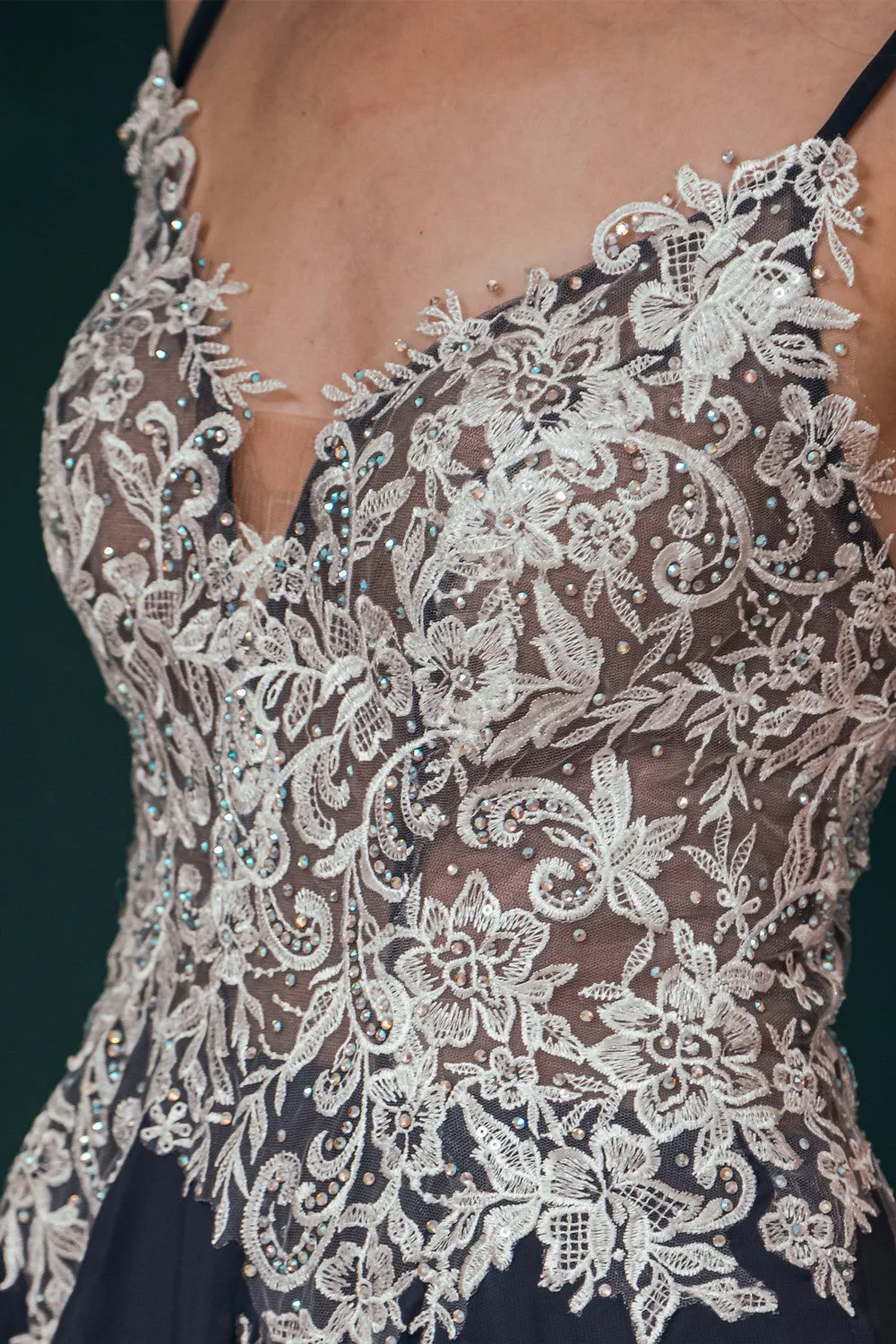 White Lace SPAGHETTI STRAPS High Split Mint green Evening Dress