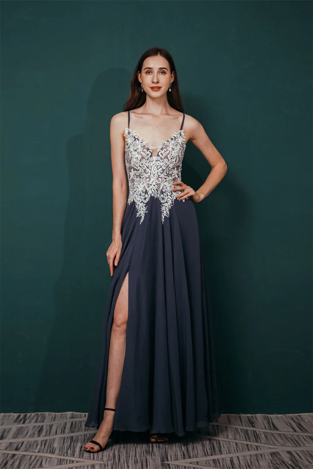 White Lace SPAGHETTI STRAPS High Split Mint green Evening Dress