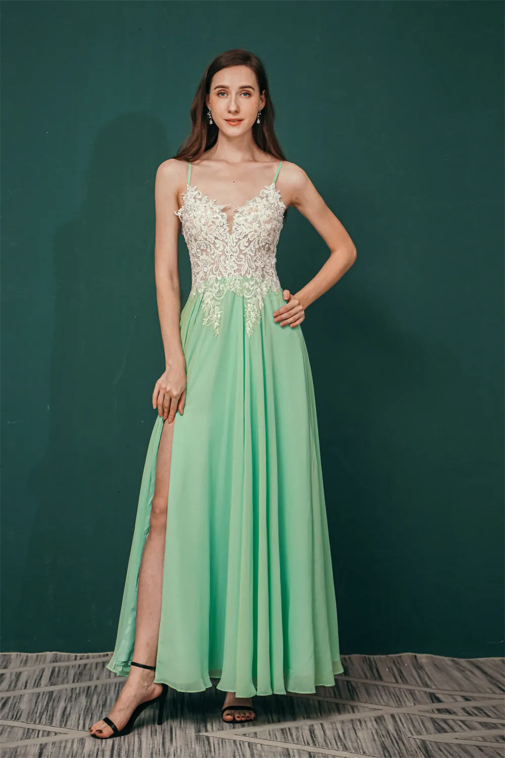 White Lace SPAGHETTI STRAPS High Split Mint green Evening Dress