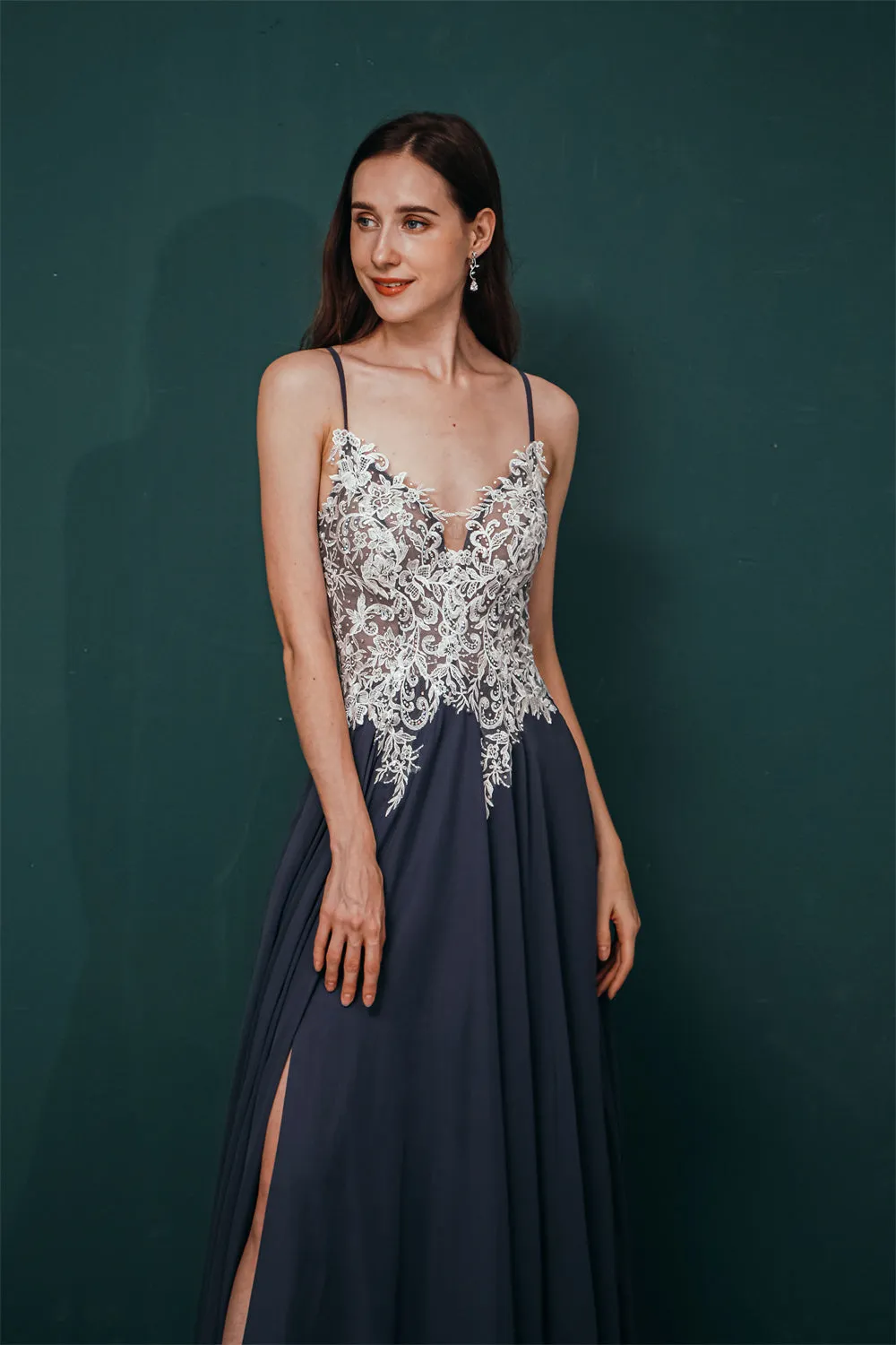 White Lace SPAGHETTI STRAPS High Split Mint green Evening Dress