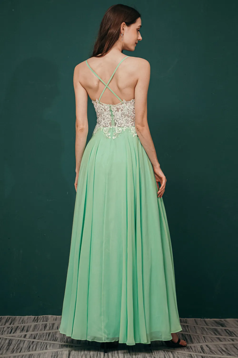 White Lace SPAGHETTI STRAPS High Split Mint green Evening Dress