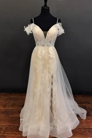 White off shoulder tulle lace long prom dress, lace evening dress