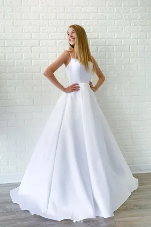 White satin long prom dress, white long evening dress