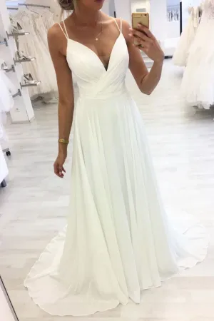 White v neck chiffon long prom dress white evening dress