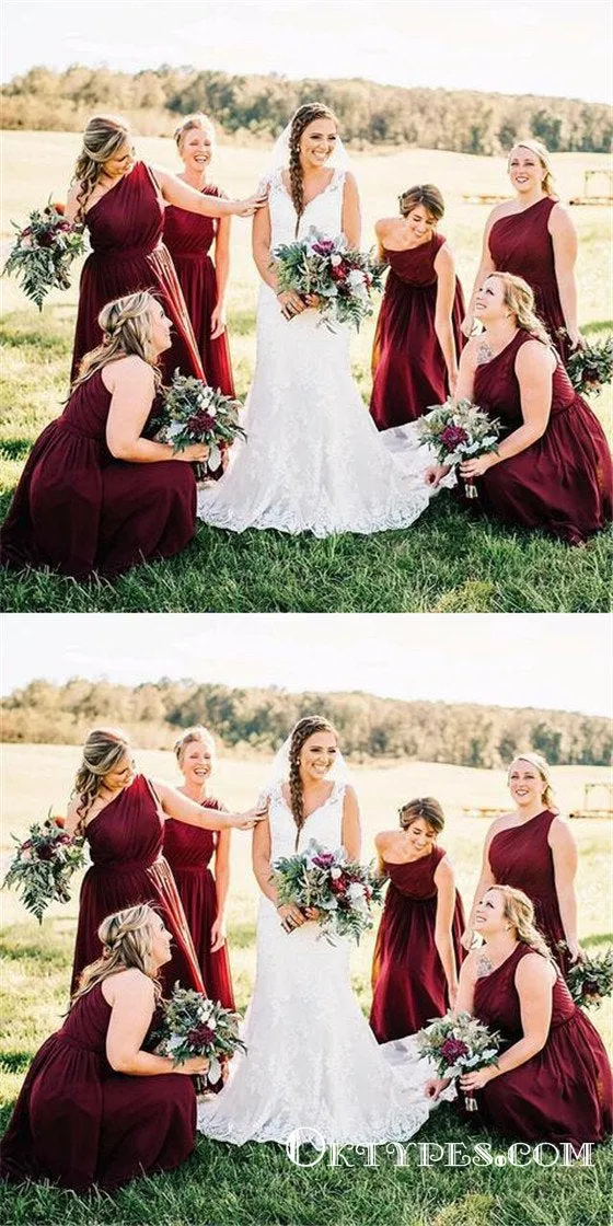 Wine Red Chiffon Long Bridesmaid Dress with One Shoulder, TYP1757
