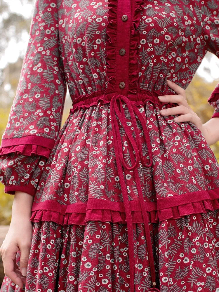 Women Cotton Long Maxi Lantern Sleeve Flower Print  Dress