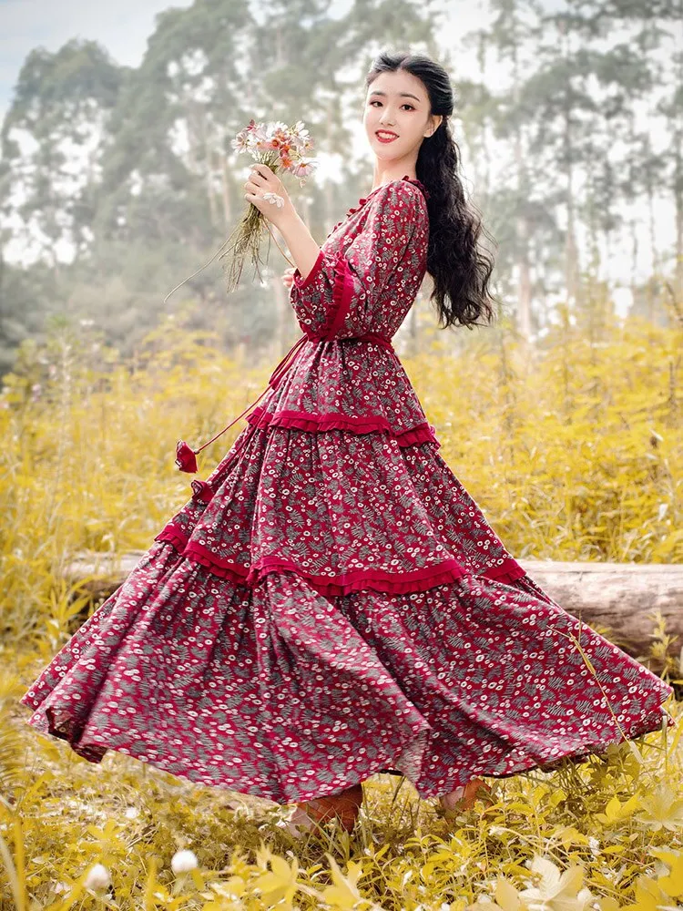 Women Cotton Long Maxi Lantern Sleeve Flower Print  Dress