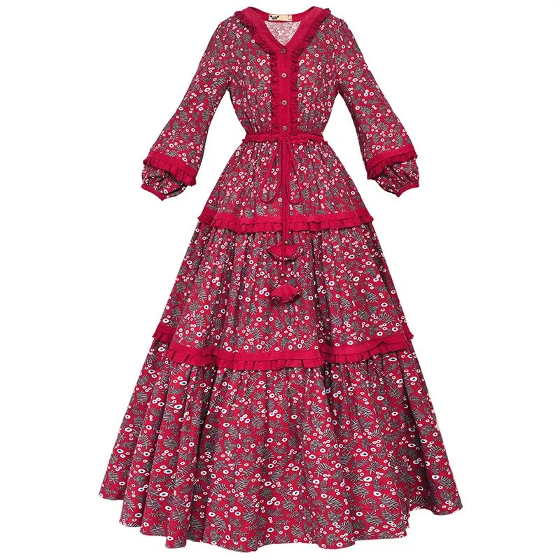 Women Cotton Long Maxi Lantern Sleeve Flower Print  Dress