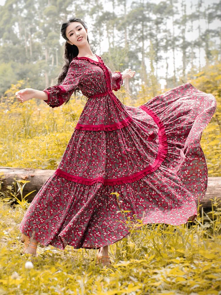 Women Cotton Long Maxi Lantern Sleeve Flower Print  Dress