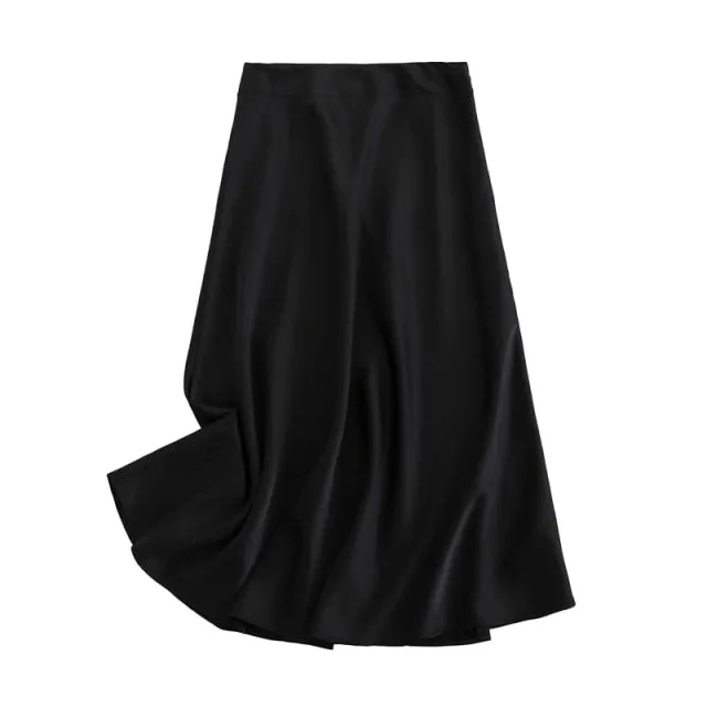 women solid quality satin midi skirt