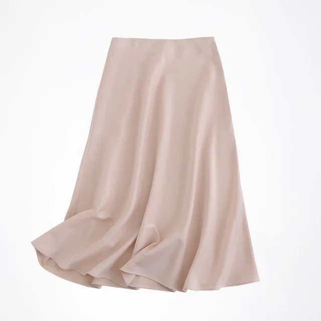 women solid quality satin midi skirt