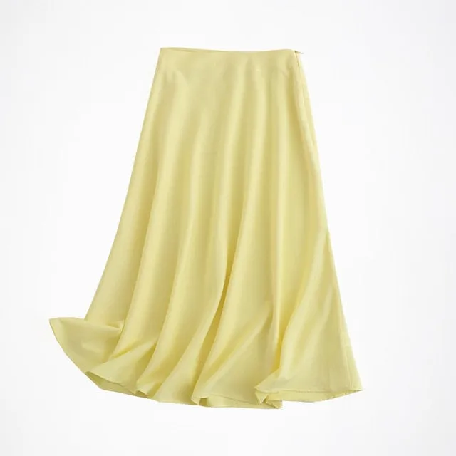 women solid quality satin midi skirt