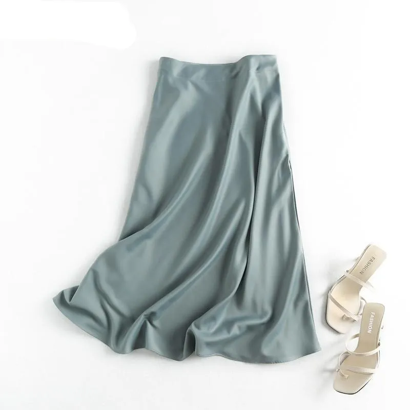 women solid quality satin midi skirt