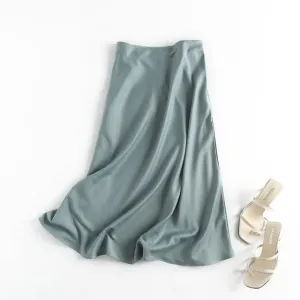 women solid quality satin midi skirt