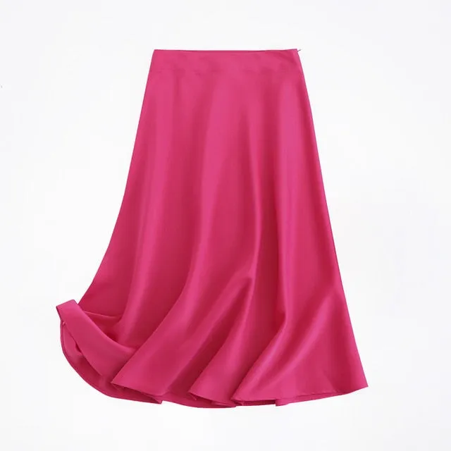 women solid quality satin midi skirt