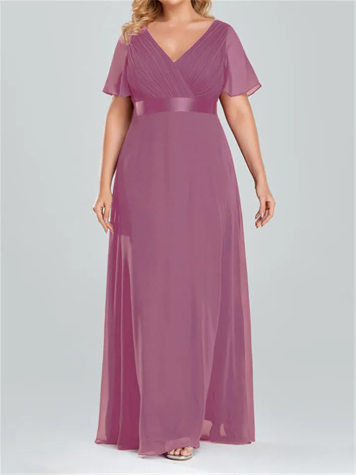 Women V-Neck Chiffon Short Sleeve Ruffle Evening Dress