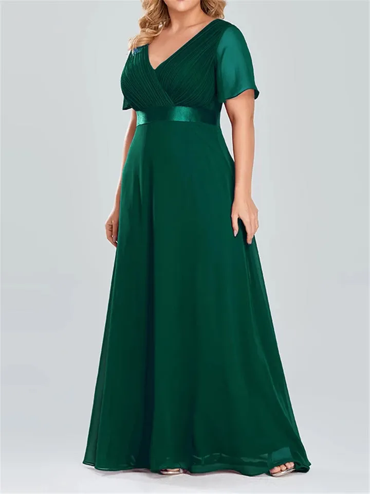 Women V-Neck Chiffon Short Sleeve Ruffle Evening Dress