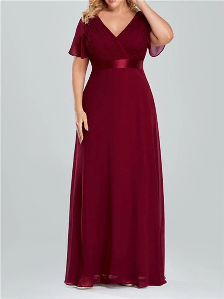 Women V-Neck Chiffon Short Sleeve Ruffle Evening Dress