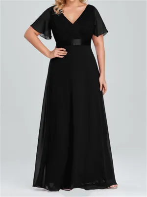 Women V-Neck Chiffon Short Sleeve Ruffle Evening Dress