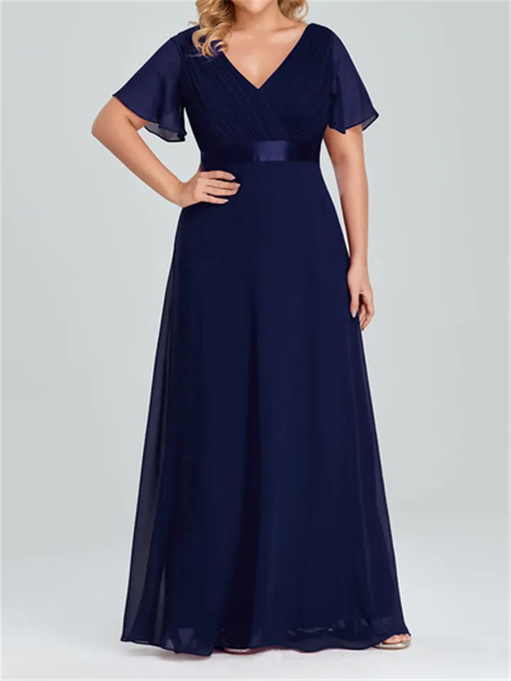 Women V-Neck Chiffon Short Sleeve Ruffle Evening Dress