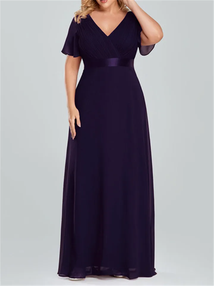 Women V-Neck Chiffon Short Sleeve Ruffle Evening Dress