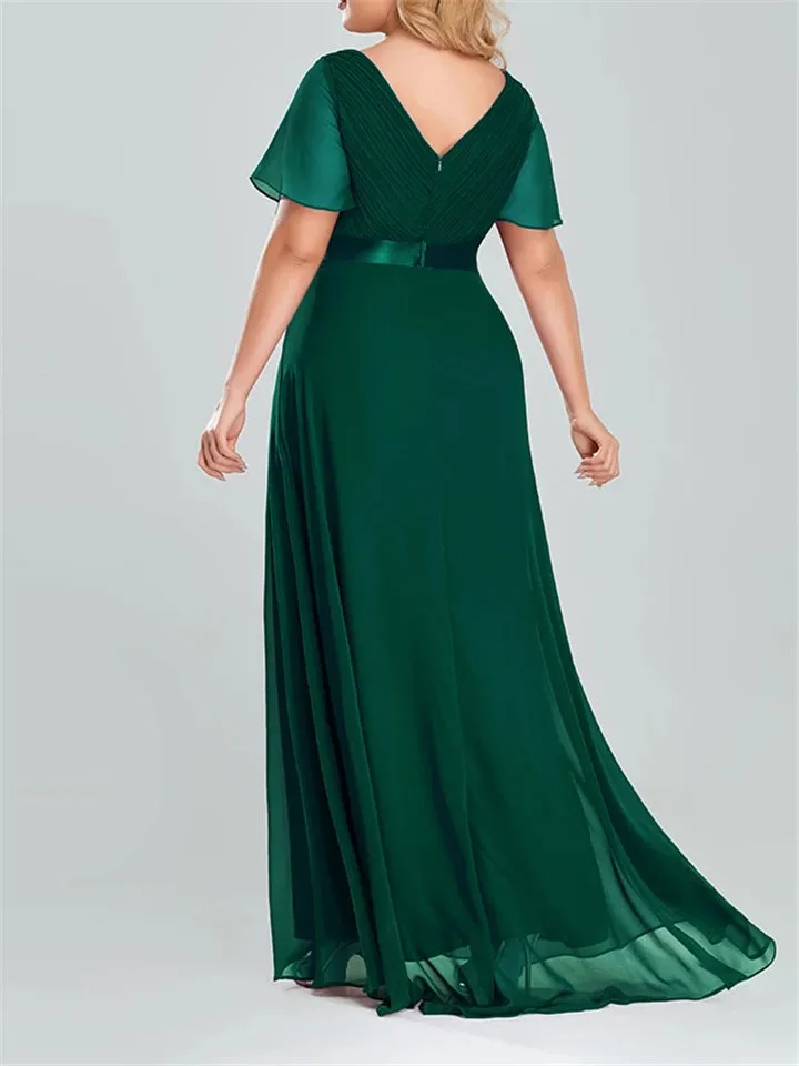 Women V-Neck Chiffon Short Sleeve Ruffle Evening Dress