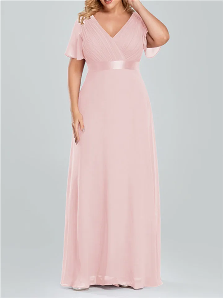 Women V-Neck Chiffon Short Sleeve Ruffle Evening Dress