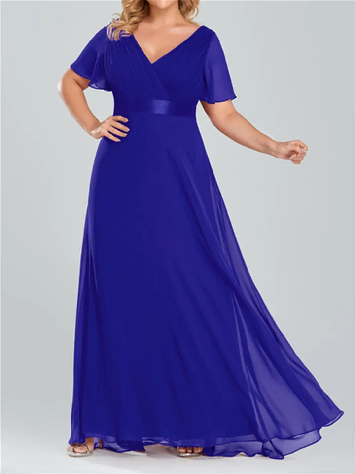 Women V-Neck Chiffon Short Sleeve Ruffle Evening Dress
