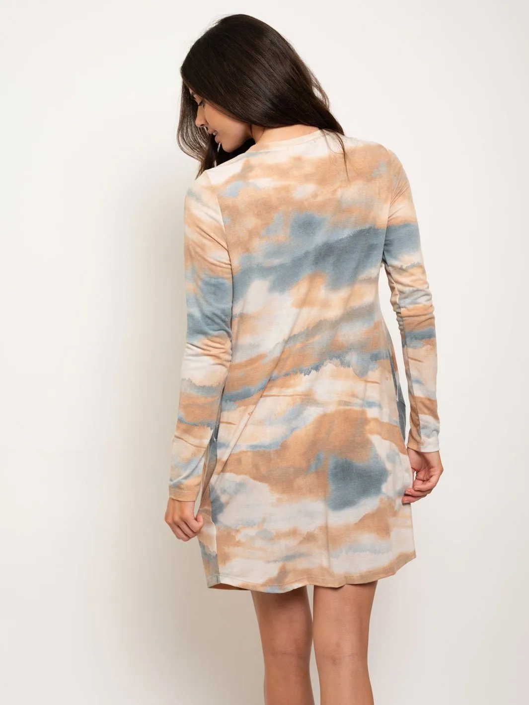 WOMEN'S LONG SLEEVE TIE DYE FRONT KNOT DRESS