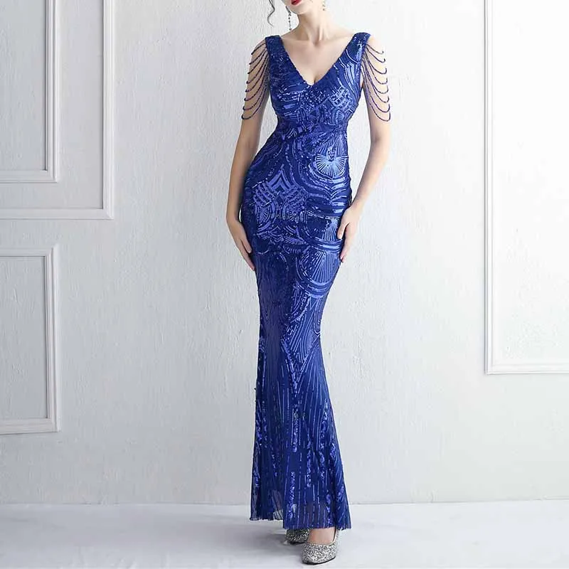 Women's V-Neck Sequins Mermaid Prom Evening Party Dress S-4XL