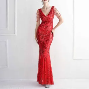 Women's V-Neck Sequins Mermaid Prom Evening Party Dress S-4XL