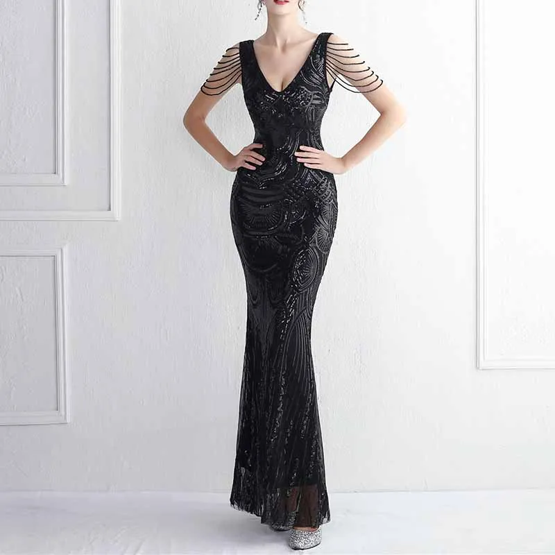 Women's V-Neck Sequins Mermaid Prom Evening Party Dress S-4XL
