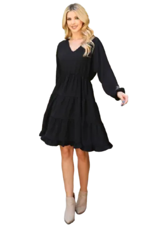 Woven Puff Sleeve V Neck Elastic Waist Tiered Dress Black - Pack of 6