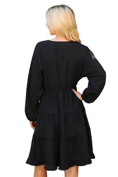 Woven Puff Sleeve V Neck Elastic Waist Tiered Dress Black - Pack of 6